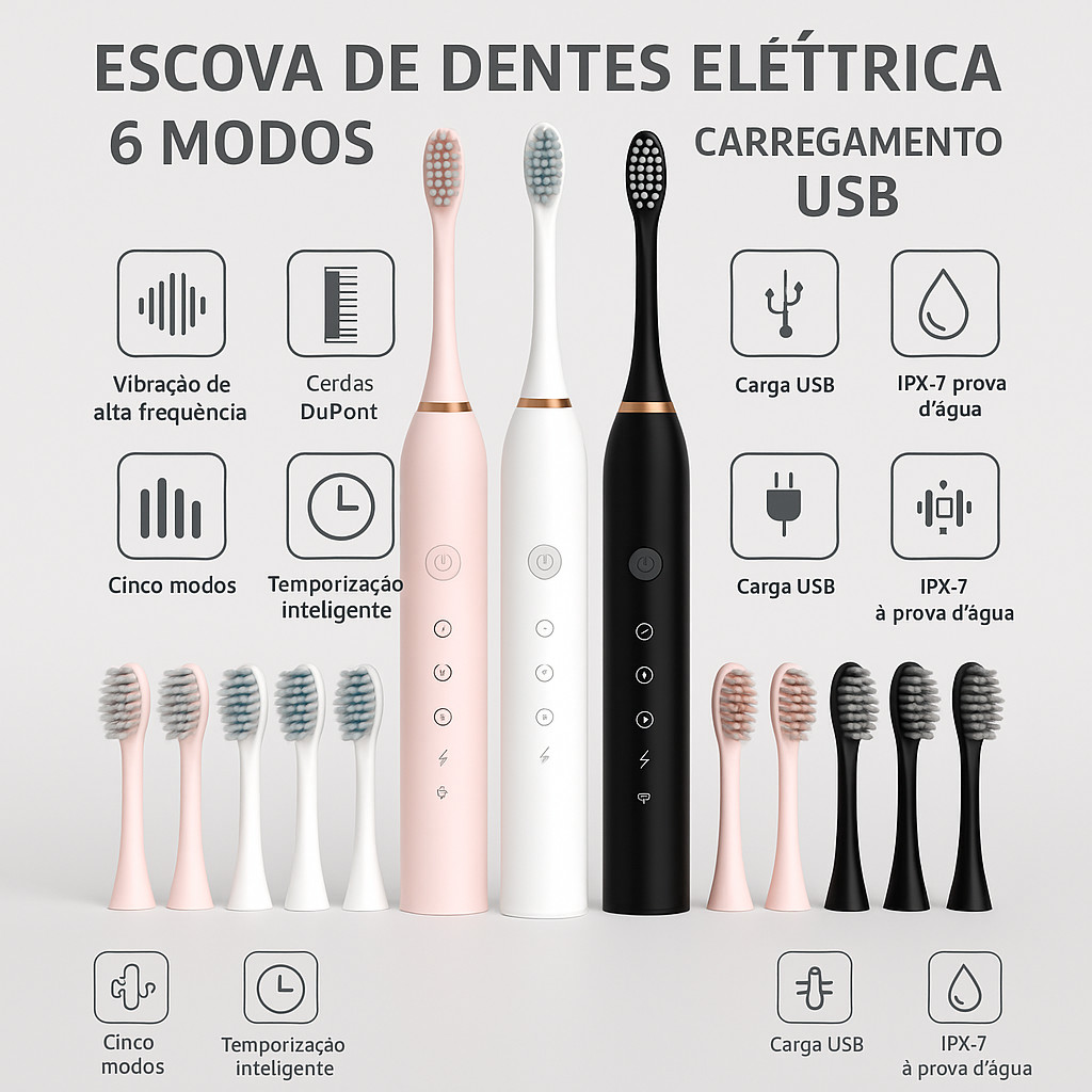 Kit Escova Dental Elétrica Sônica Recarregável IPX7 à Prova d’Água c/ 2 Cabeças Substituíveis