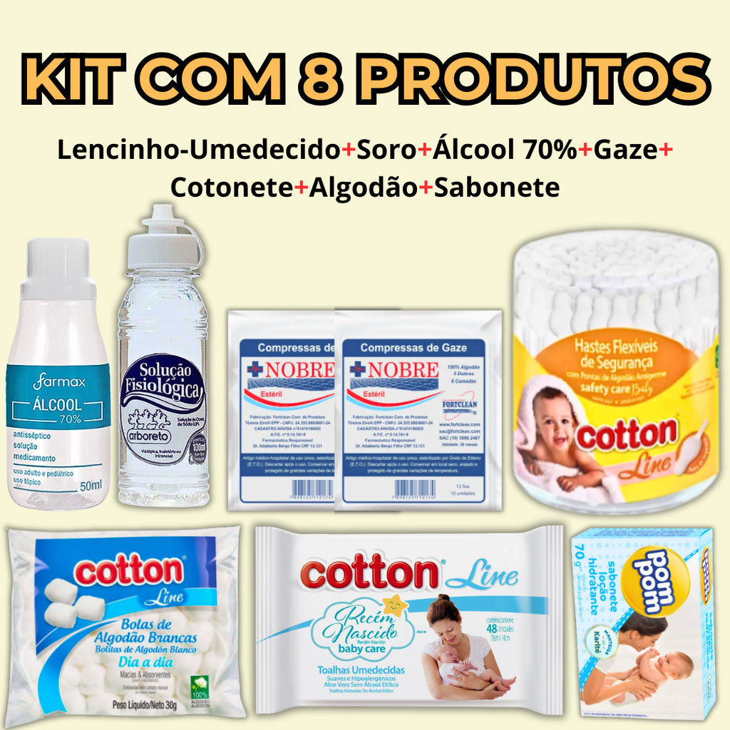 Kit Toalha Umedecida Higiene Bebê Recém-Nascido Kit C/ 8 Itens Cotonete+Soro+Gaze em Oferta na Shopee