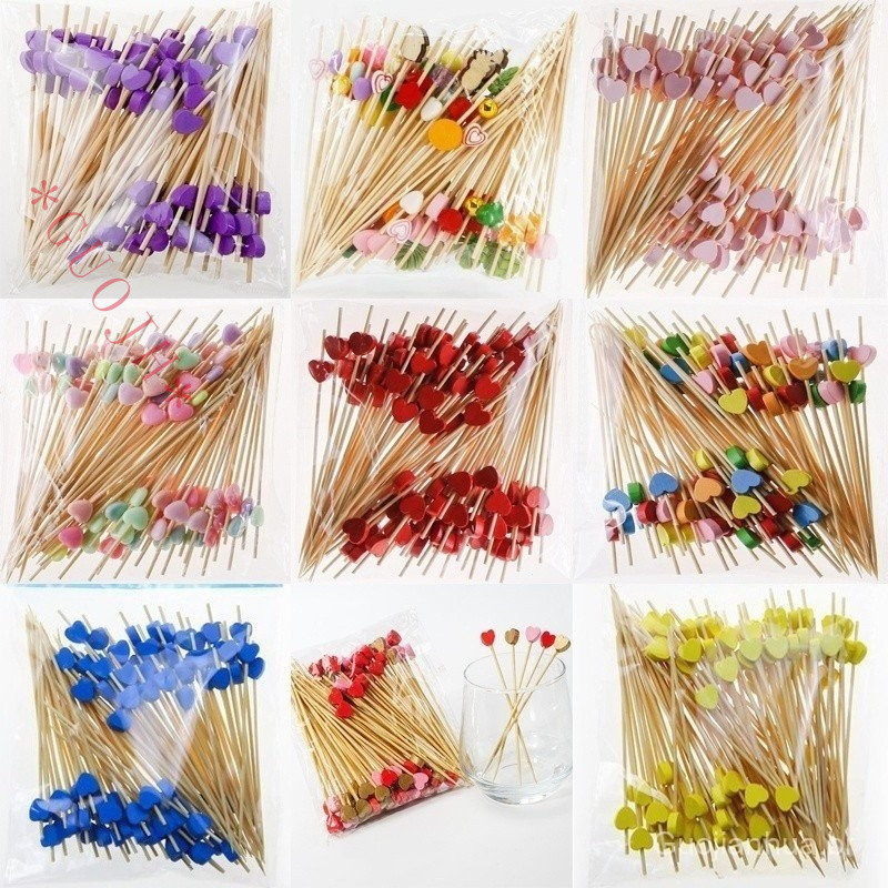 100PCS Palitos em Forma de Coração 12cm Palitos de Bambu para Frutas Garfo para Cupcake Buffet Salada Prato de Sobremesa