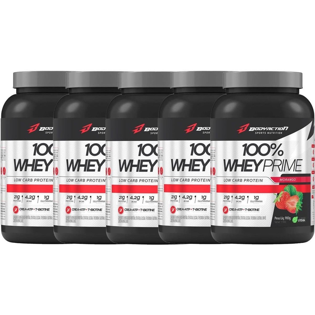 Kit 5X 100% Whey Prime Concentrado - 900g Morango - BodyAction