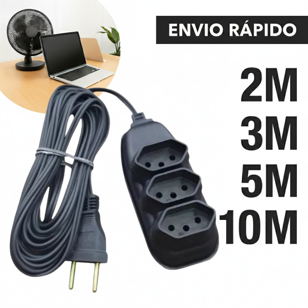 Extensão Elétrica Preta Tripolar 10A Bivolt 2,3,5,10 Metros