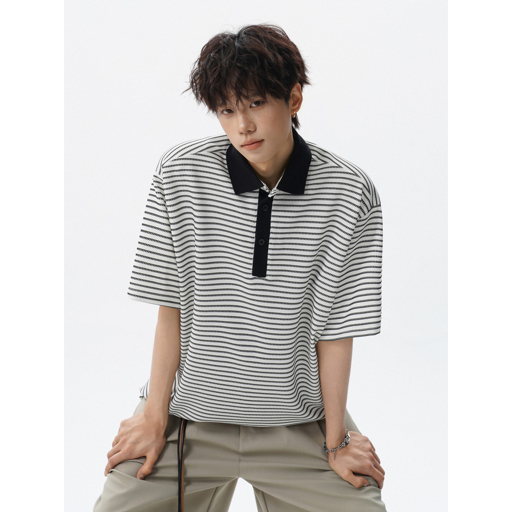 Goku pronto estoque Retro listrado contraste cor de manga curta camisa POLO masculina Street Wear casal americano solto