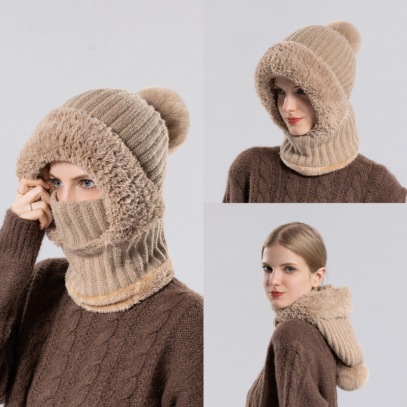 Gorro de malha, protetor de pescoço e máscara, gorro pullover tudo-em-um para mulheres, gorro de lã quente forrado com f