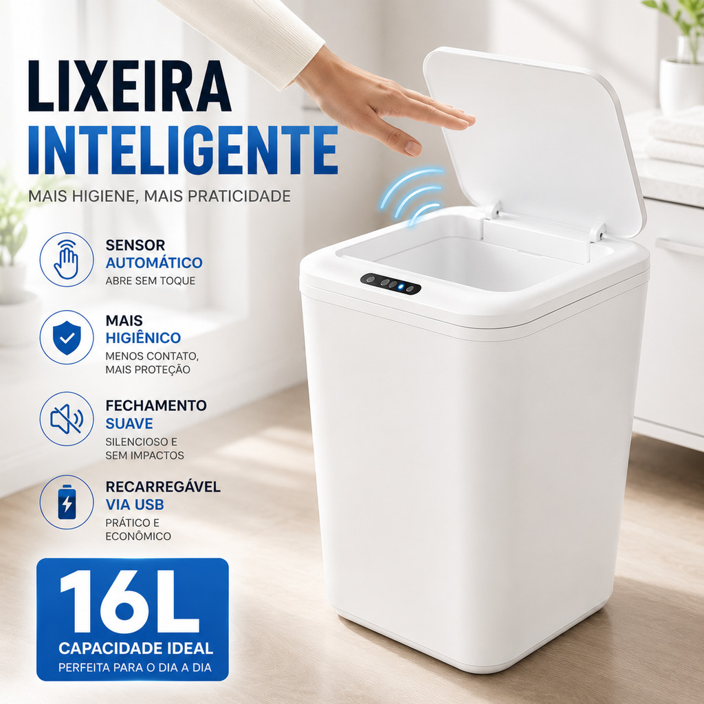 Lixeira Automática Inteligente 16L Com Sensor De Movimento Sem Toque Anti Odor USB Cozinha Banheiro