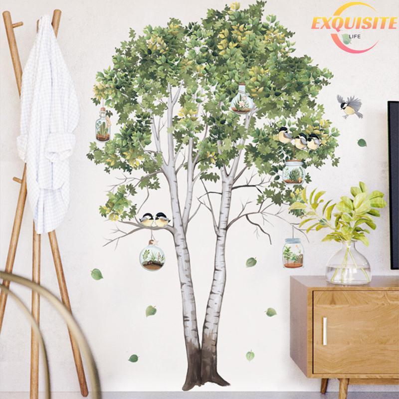 [EL-t] Grande Árvore De Bétula Parede Stiers Folhas Verdes Decalques De Sala Estar Quarto Pássaros Decoração De Casa Car