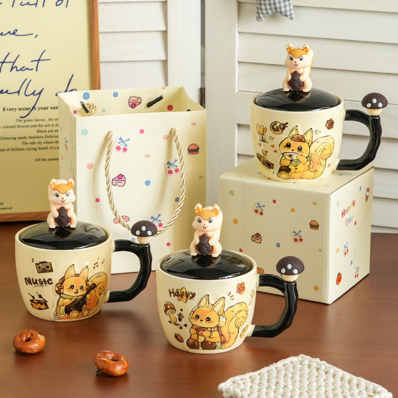Caneca de esquilo ins de alto valor com tampa, casal fofo doméstico, café da manhã, xícara de café, lembrança, copo de á