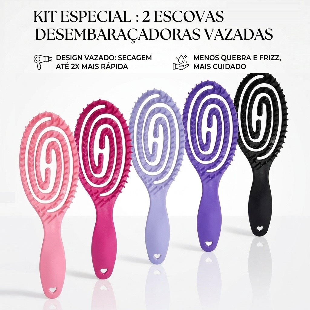 Kit com 2 Escovas Flexíveis Vazadas Espiral para Desembaraçar Cabelos – Ideal para Cachos, Fitagem e Secagem com Secador