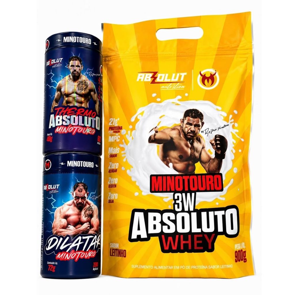Kit 3W Absoluto Whey 900g Leitinho + Thermo 60 Cáps + Dilatar Minotouro 90 Cáps | Absolut