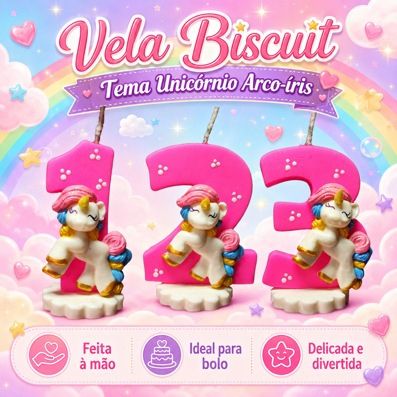Vela Unicórnio Arco íris Biscuit Porcelana Fria Vela Topo Bolo de Aniversario