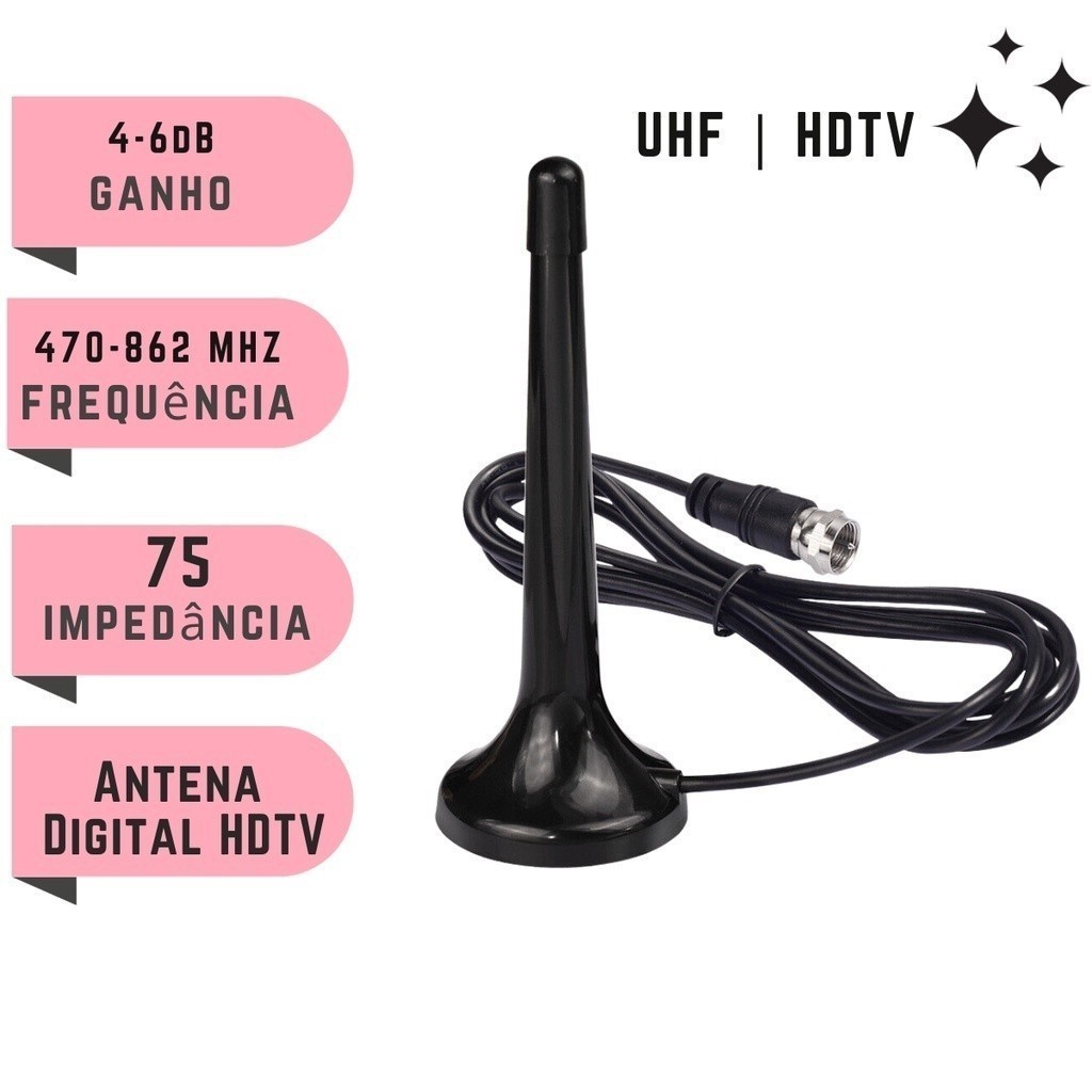 Antena Digital Portátil Interna para TV Sinal Amplificado HD com Cabo de 5 Metros