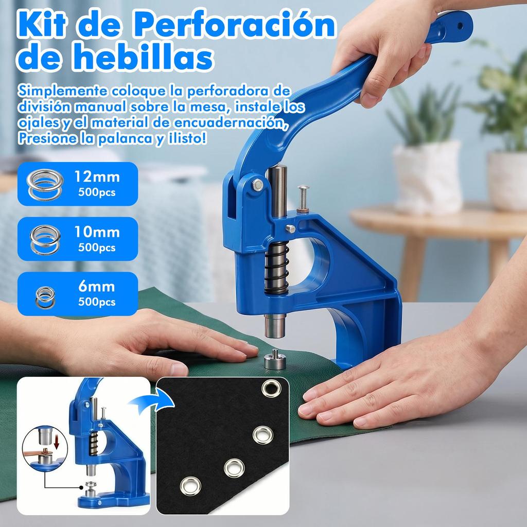 Máquina de Ilhós Metálicos, Prensa para Ilhós, Conjunto de Prensa Manual com 3 Matrizes e 1500 Ilhós de 6/10/12mm