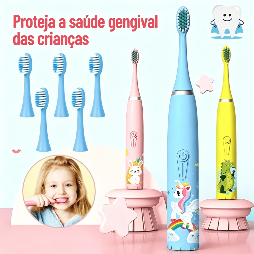 Escova Dental Elétrica Ultra-Sônica Para Crianças Acústica Onda Fofa Cabelos Suaves Dupla Face Limpa Cuidados