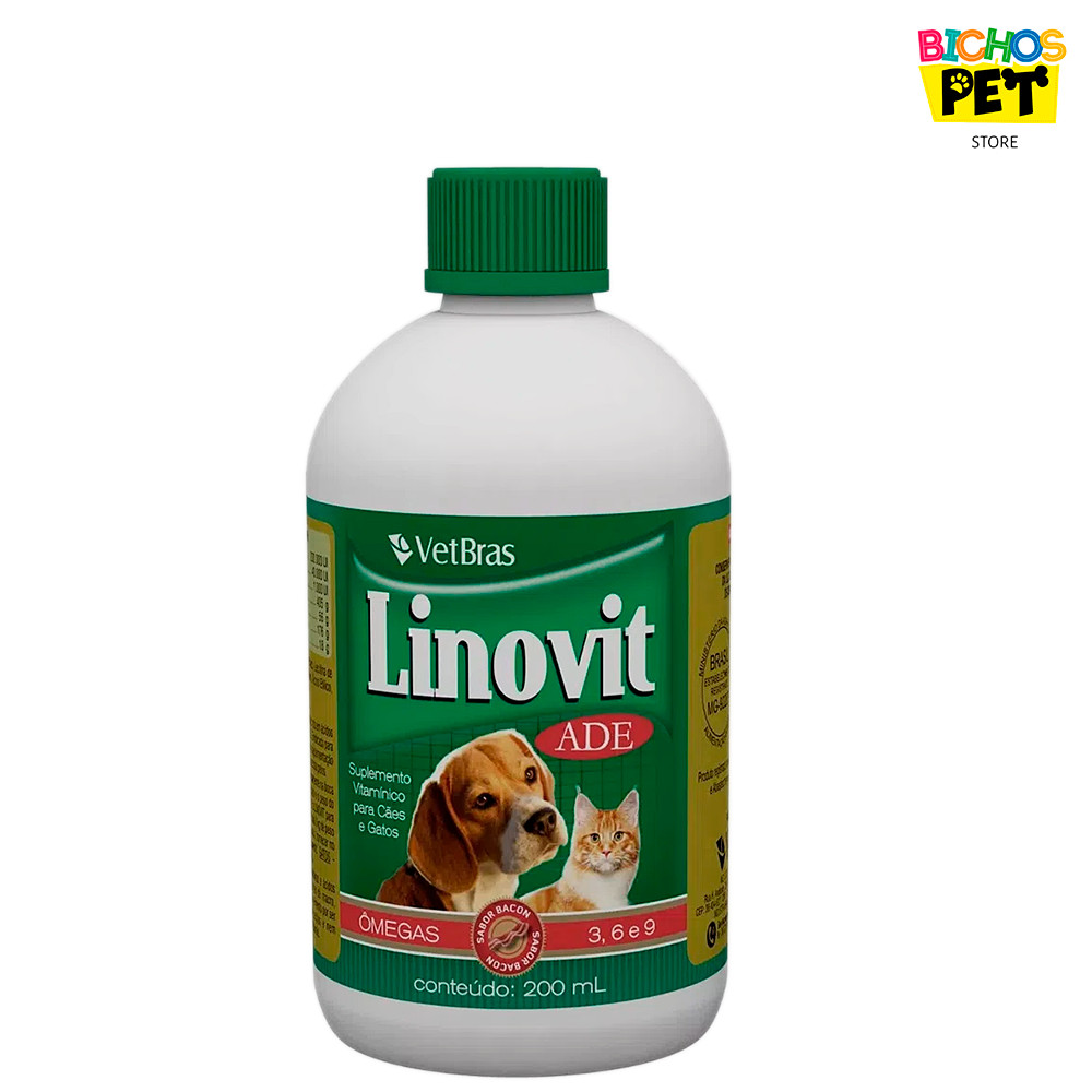 Suplemento Vitamínico Cães Gatos Linovit ADE Vetbras 200ml Ômega 3 6 9 Vitamina A D E Pelos Brilhantes