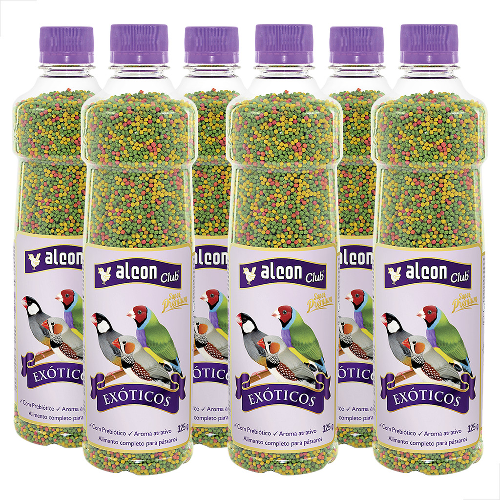 Kit 6 Ração Alcon Club Exóticos Super Premium Pássaros Manon Mandarin Calafate Bavete 325g Extrusada