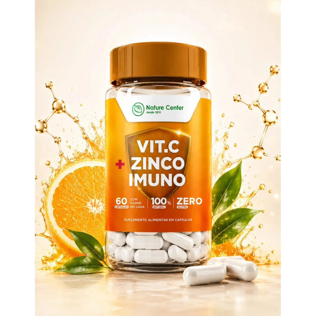 Vitamina C Zinco Imuno Nature Center 60 Cápsulas Vitamina D Zinco Bisglicinato Suporte Imune Sem Glúten Uso Diário