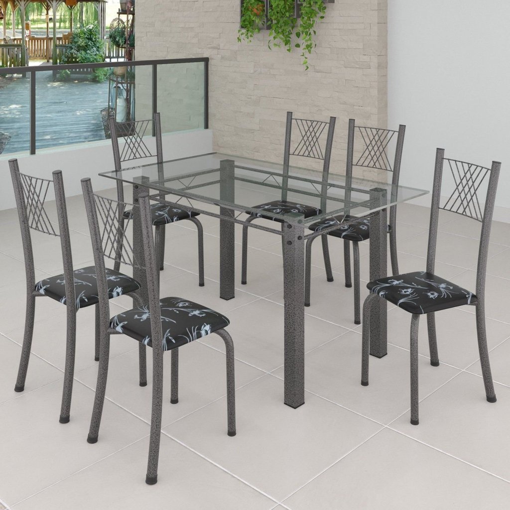 Conjunto de Jantar Mesa 140x75cm Tampo de Vidro Incolor com 6 Cadeiras Sara Yescasa Prata/Preto Floral/Mart Preto