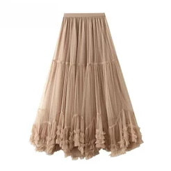 Saia de Tule Feminina Qooth, Elegante, Cintura Elástica, Saia Longa em A, Barra Larga, Adequada para Todos os Tipos de C
