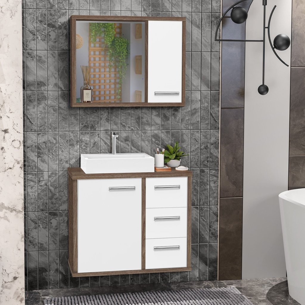 Gabinete para Banheiro com Cuba de Sobrepor e Espelheira 60cm Turin Branco/Avelato Avelato/Branco