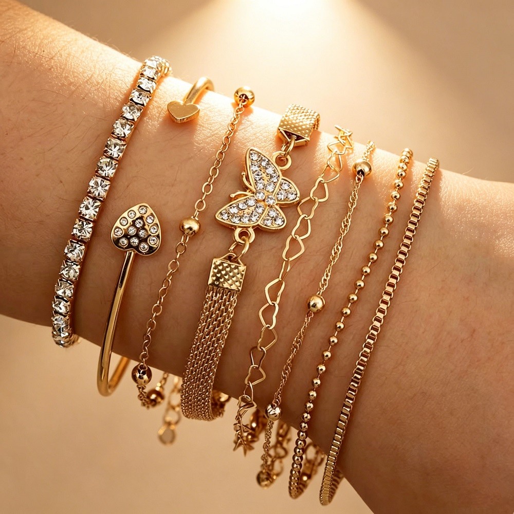 Conjunto 8 Pulseiras Abertas Pingentes Borboleta Sobrepostas Estilo Vintage Acessório Feminino Delicado