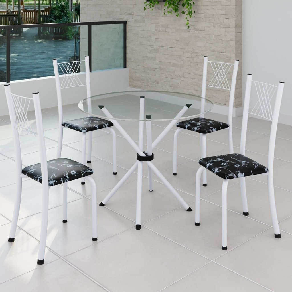 Conjunto de Jantar Mesa Tampo Redondo de Vidro Incolor com 4 Cadeiras Sara Yescasa Branco/Preto Floral Preto