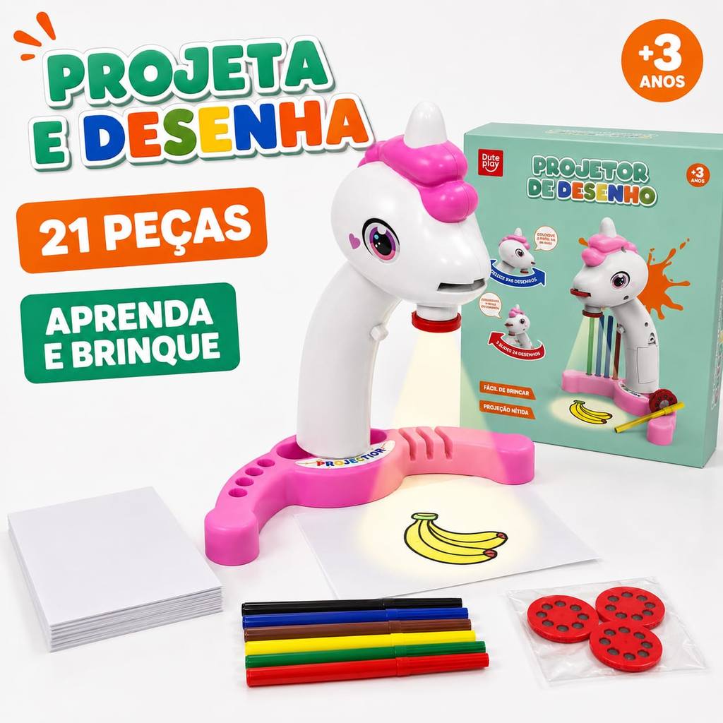 Brinquedo Mesa Projetora Unicórnio 21 Peças Infantil Desenho Luz Canetas Educativo Aprenda Brincar