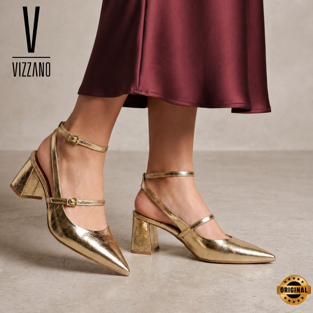 Scarpin Slingback Vizzano Feminino Metalizado Salto Médio  Bico Fino Elegante Casual Original