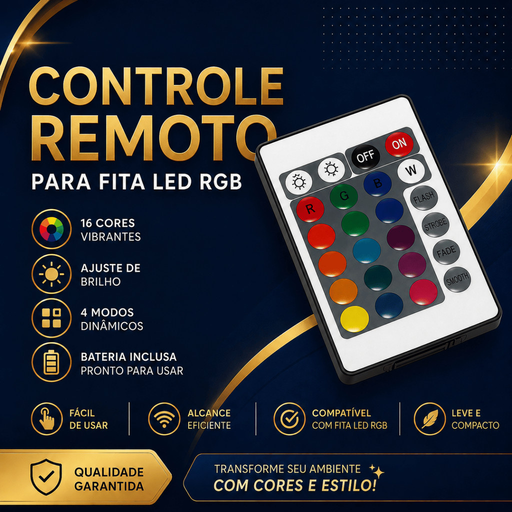 CONTROLE REMOTO RGB 16 CORES DIMMER + EFEITOS PARA FITA LED LÂMPADA REFLETOR