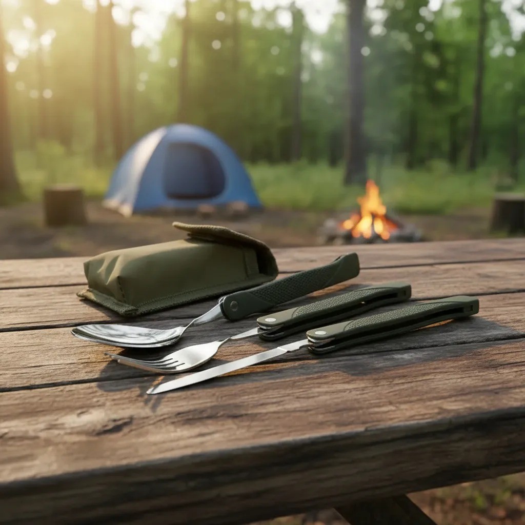Kit Talheres Dobrável Inox Para Camping Trilha Com Bainha