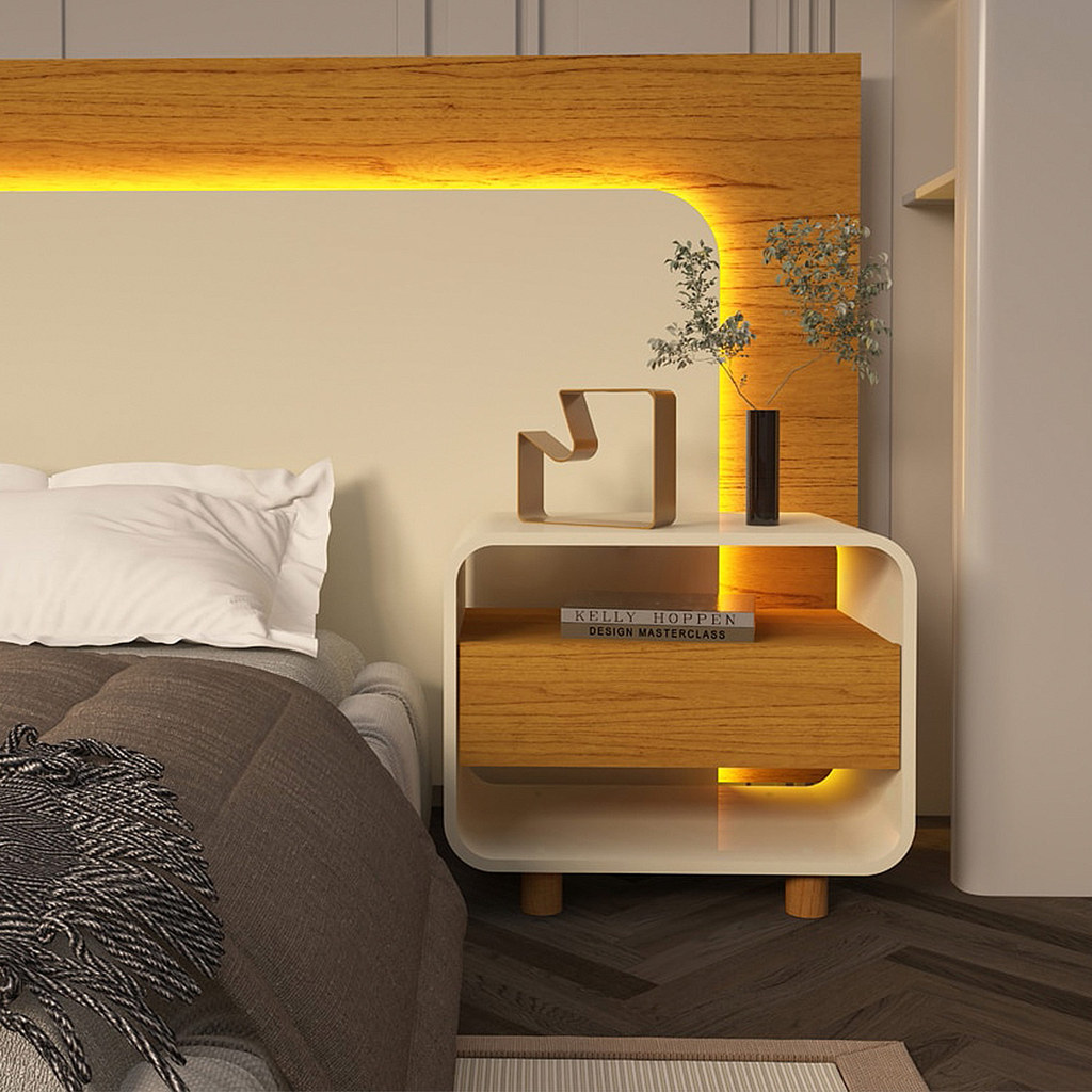 Cabeceira Innova Para Cama Box com 2 Mesas de Cabeceira e com Led Off White com Naturale - Gelius · foto 2