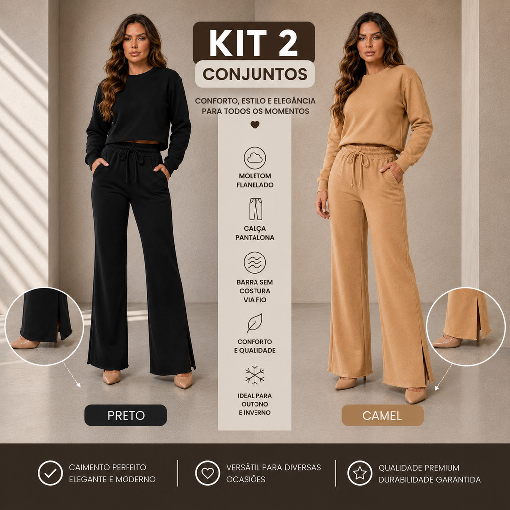 Kit 2 Conjuntos Femininos Moletom Flanelado Calça Pantalona Confortável