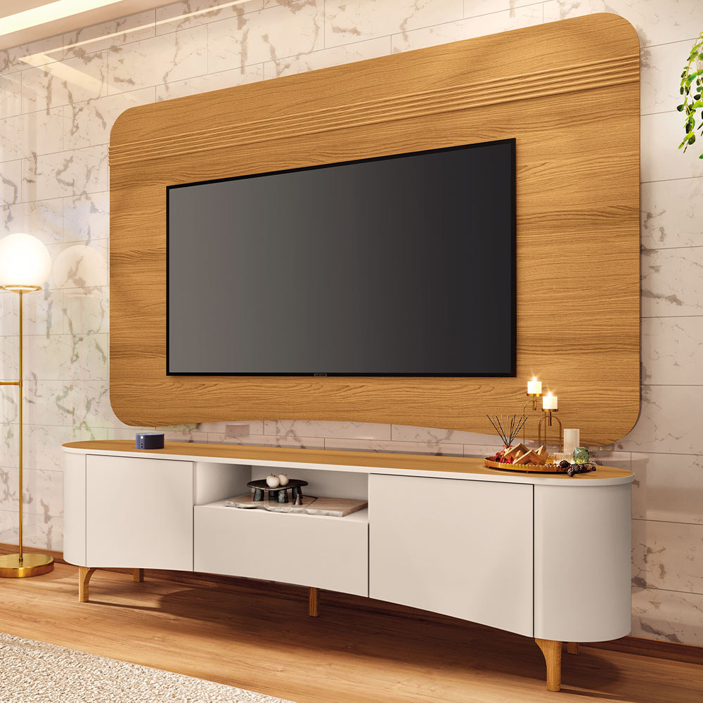Rack Para Sala Martina Com Painel Para TV 80 Pol Orgânico Ermione B01 Cinamomo Off White - Lyam Decor