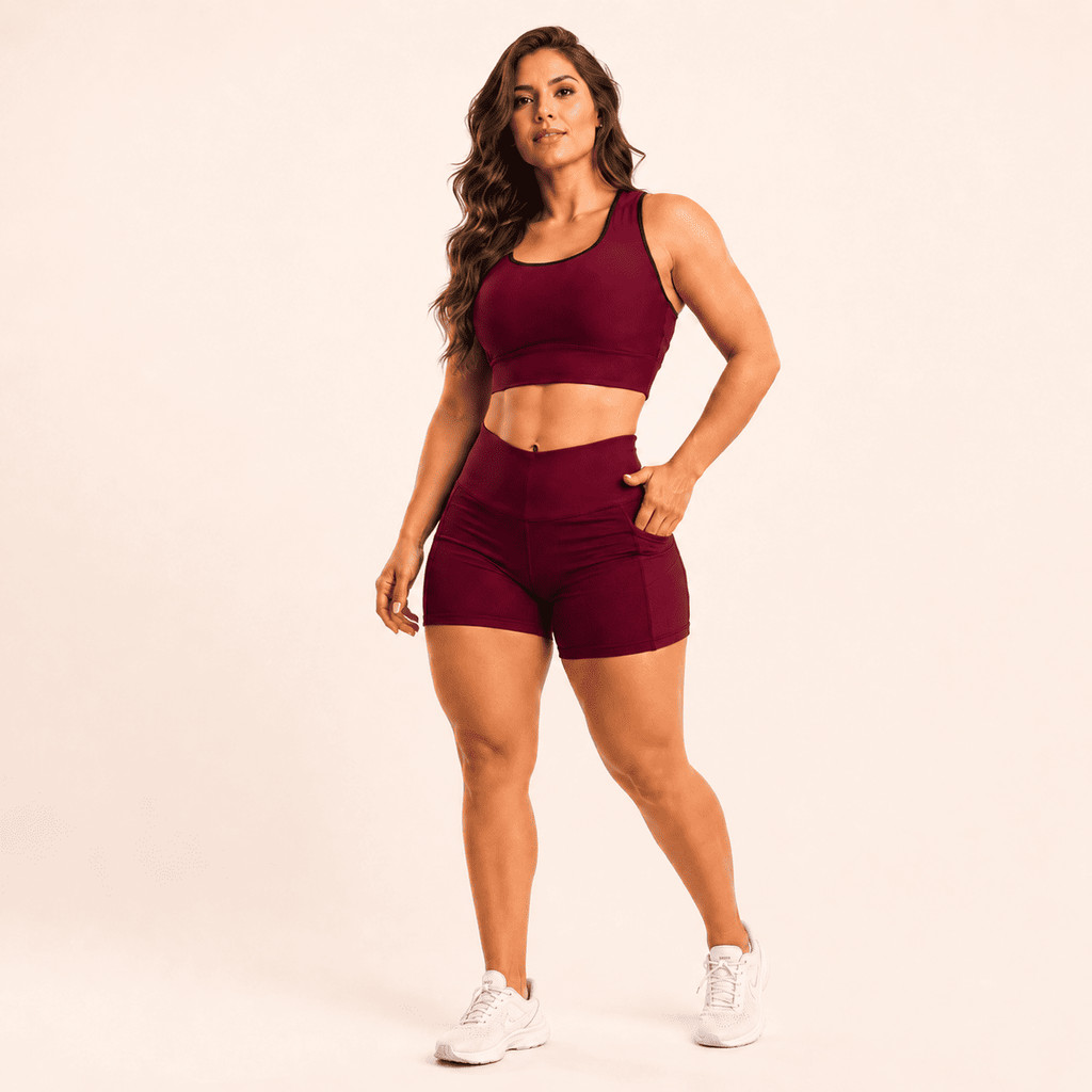 Conjunto Fitness VINHO Feminino Short Modelador Com Bolso Academia Treino Cós Alto Top e Short