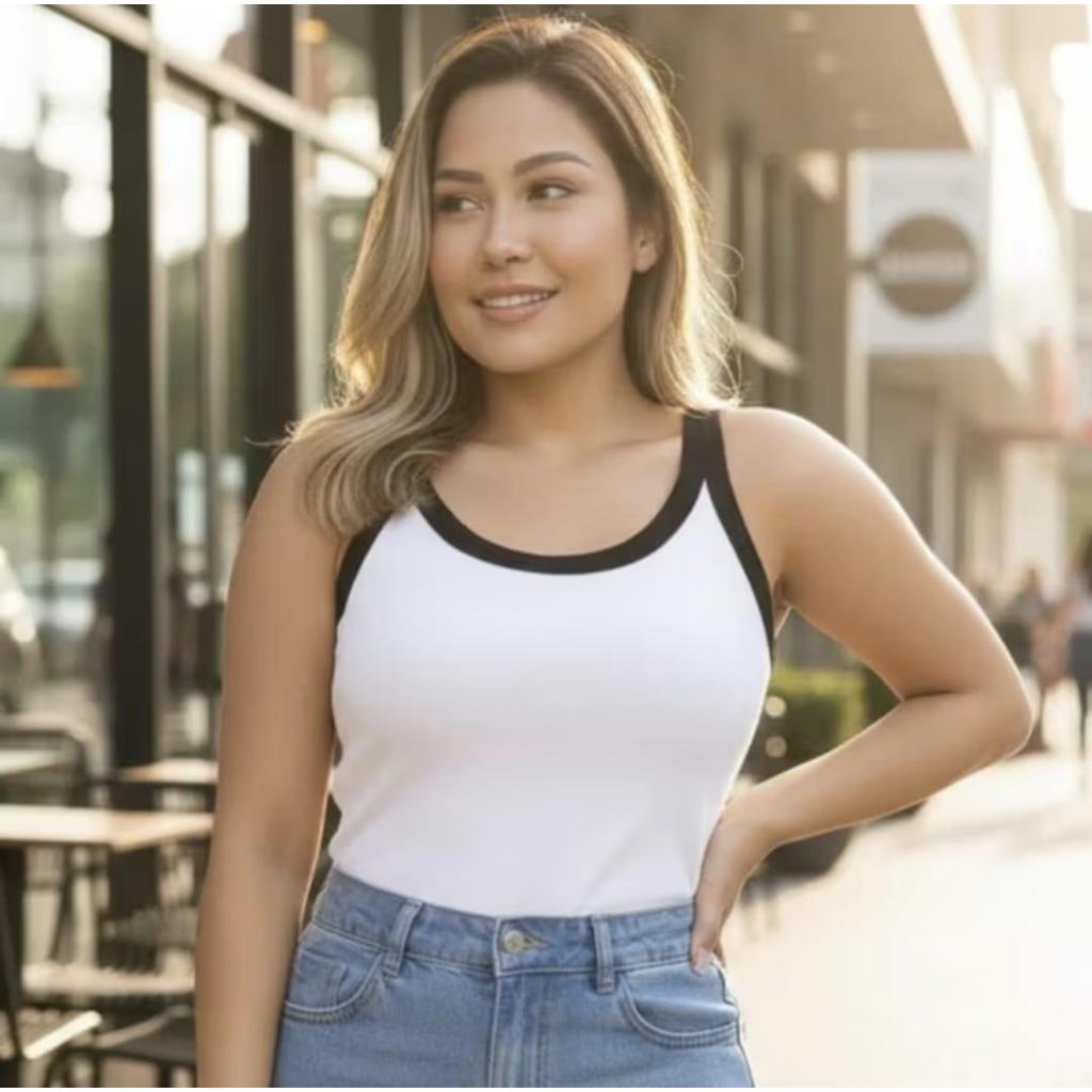 Regata Feminina Canelada Algodão com Elastano Duas Cores Básica Casual Verão Confortável