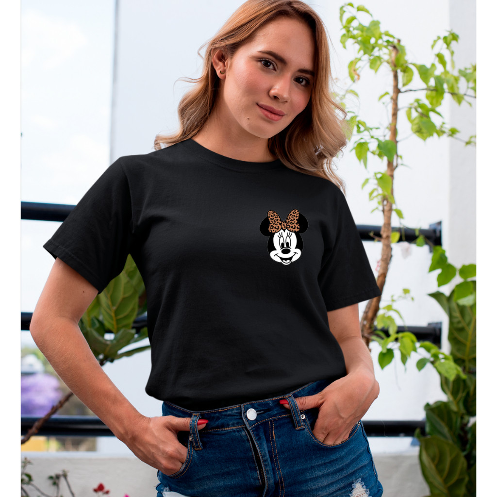 Camisa T-Shirt Moda Feminina Estampa No Peito Minnie Laço Oncinha Conforto E Alta Qualidade Premium