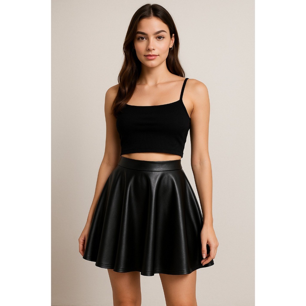 Saia Feminina Gode em Couro Sintético – Saia Rodada Moda Casual (P M G) Casual Dia Dia, Fake, PU