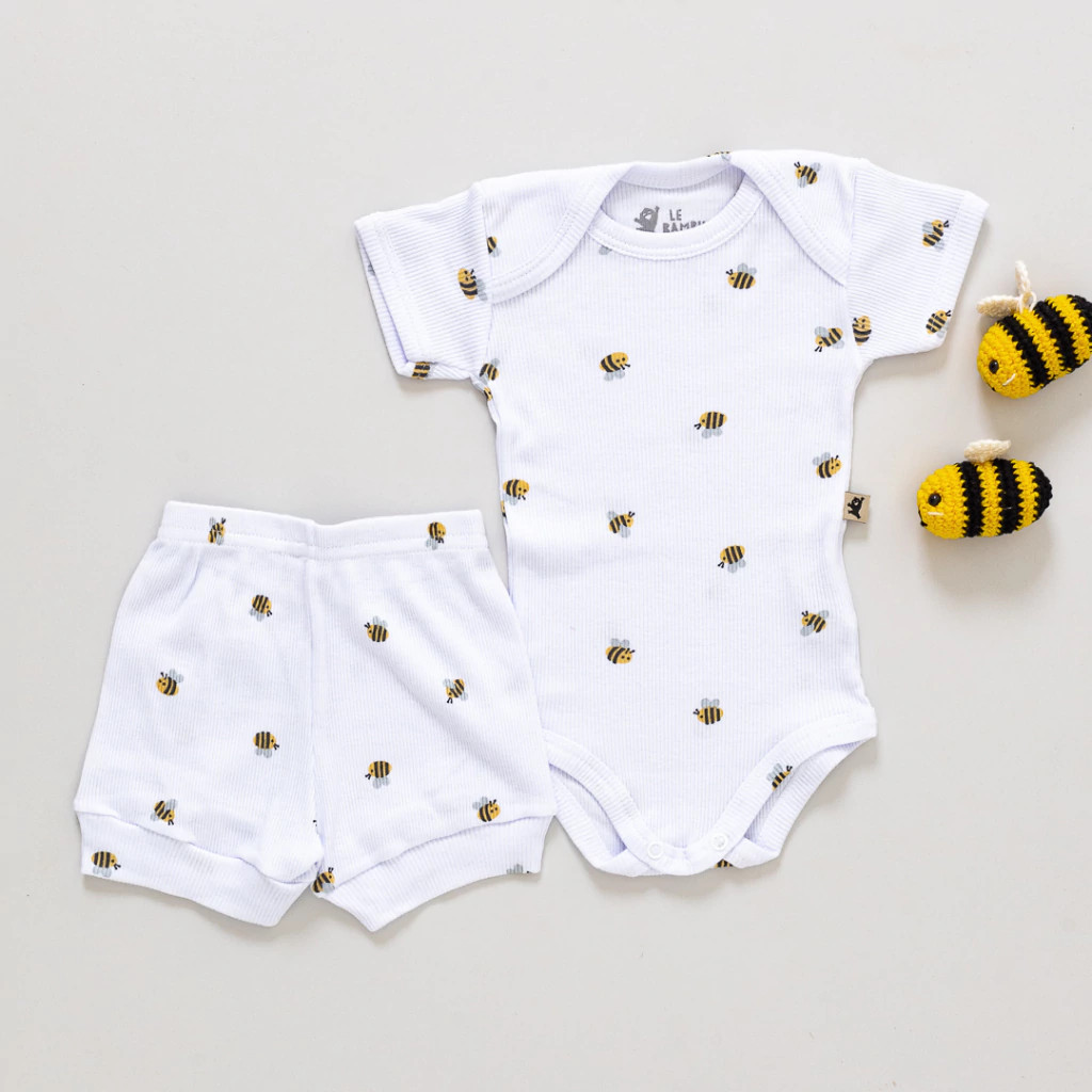 Conjunto Bebê Body e Short Canelado Algodão Estampado Unissex Confortável