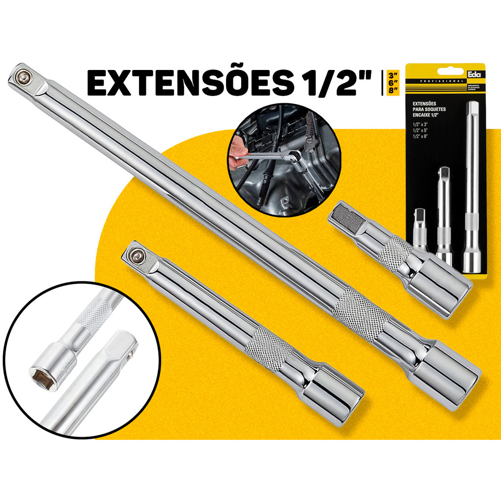 Jogo Extensão P/ Soquete Encaixe 1/2 C/ 3 Peças Em Aço Resistente Profissional Ferramenta Mecânico Eda em Oferta na Shopee