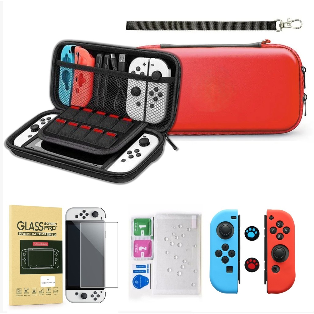 Kit Acessórios Bolsa Vermelho Película Capa Protetora Nintendo Switch OLED