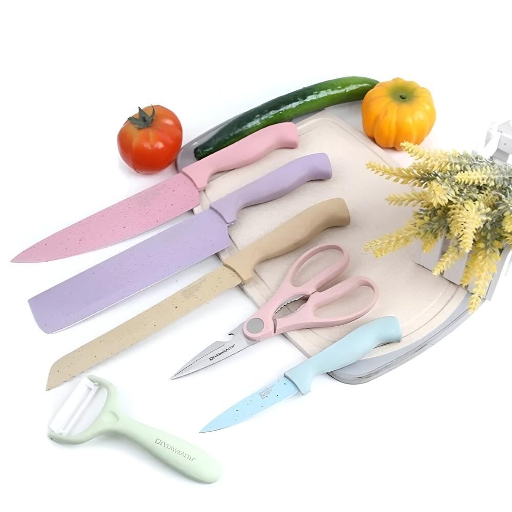 KIT FACAS FAQUEIRO CONJUNTO TESOURA DESCASCADOR GOURMET COMPLETO AÇO INOX COLORIDAS 6 PEÇAS COMPLETO
