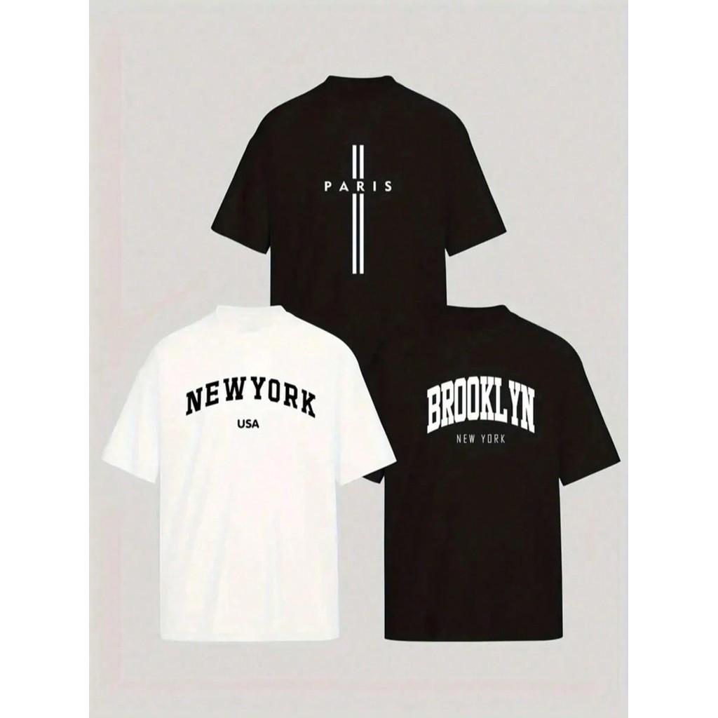 KIT 3 CAMISETA Masculina Algodão Adulto Infantil City Paris New York Brooklyn USA Preto Preto Branco