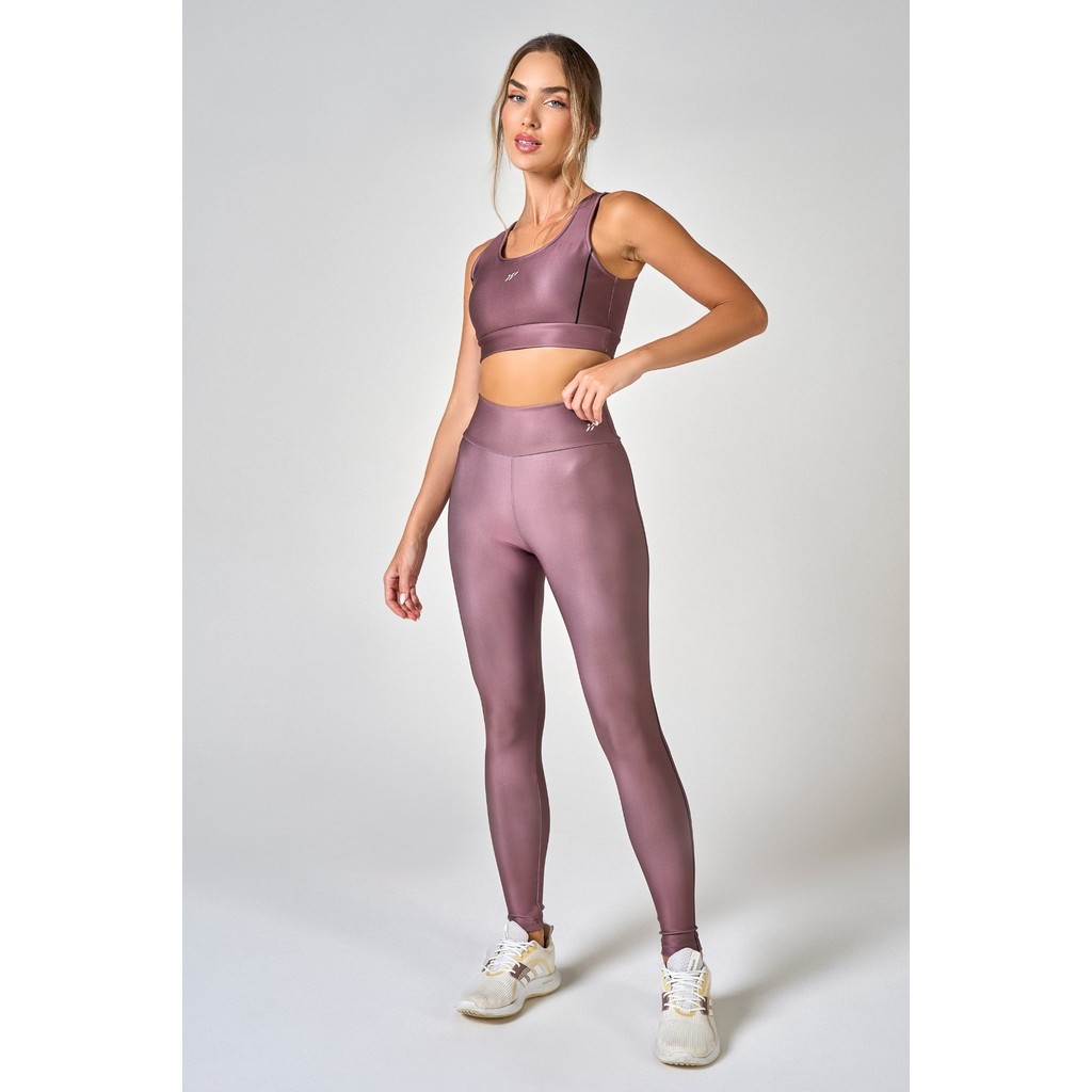 Conjunto Fitness Feminino Calça Legging e Top Nadador Barcelona Marrom Esportivo Roupa Academia Treino Corrida