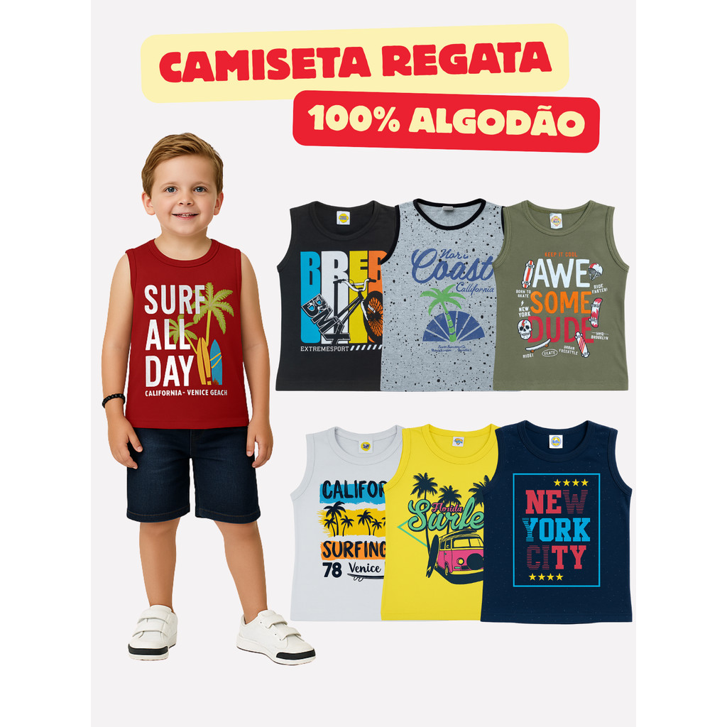 Kit 2 Camiseta Regata Algodão Estampas Sortidas Conforto