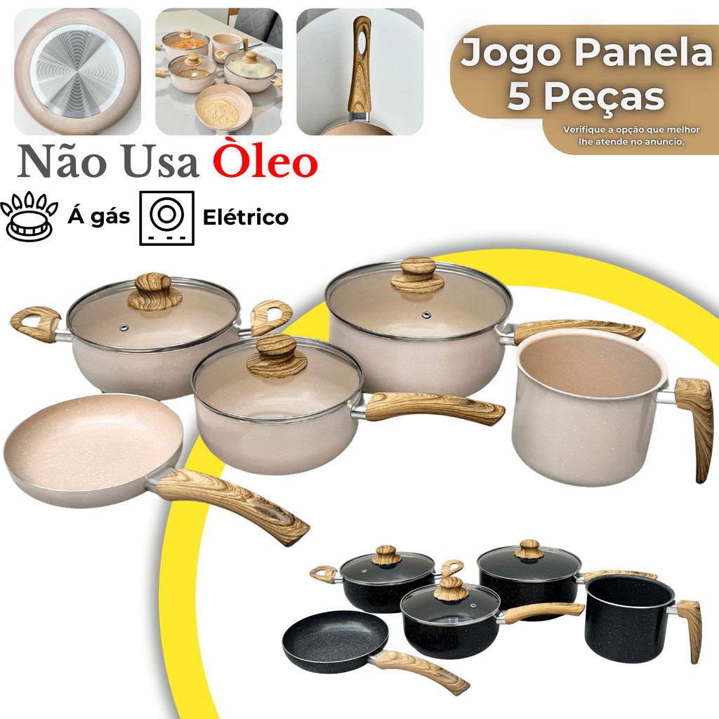 Jogo de Panelas 5 Peças Conjunto Frigideira Caçarola Cerâmica Antiaderente para Fogão e Gás Grande
