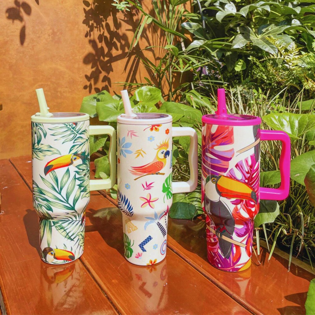 Copo Térmico Alça e Canudo 1200ml Personalizado Estampado Fauna Pássaro Tucano Arara Copo Térmico Tropical Fauna em Oferta na Shopee
