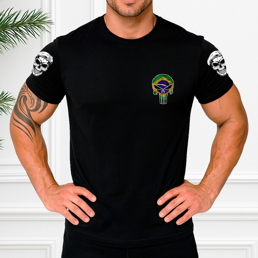 Camiseta Treino De Segurança Militar Academia Musculação Estampas Caveiras 100% Algodão Respirável