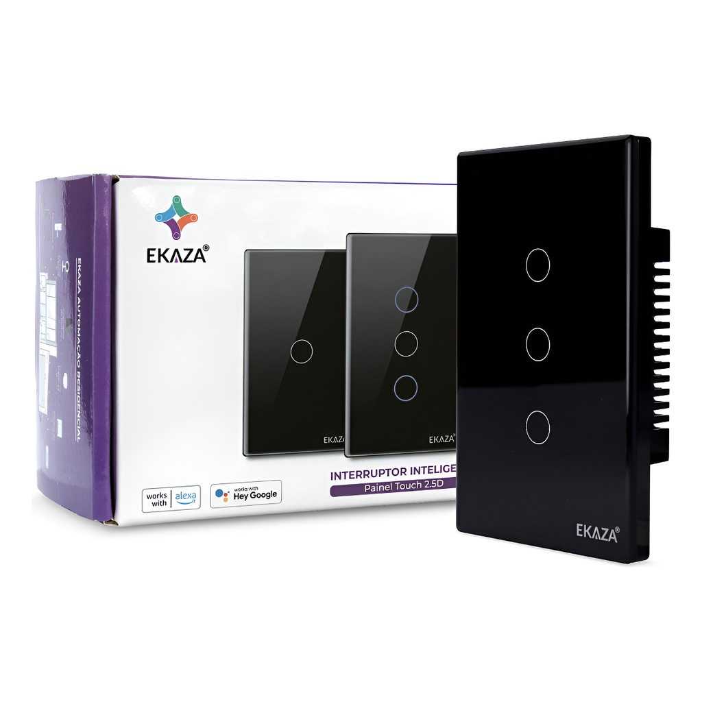 Interruptor Inteligente WiFi Ekaza 3 Teclas Touch Alexa Google Smart Biv Preto Automação Residencial