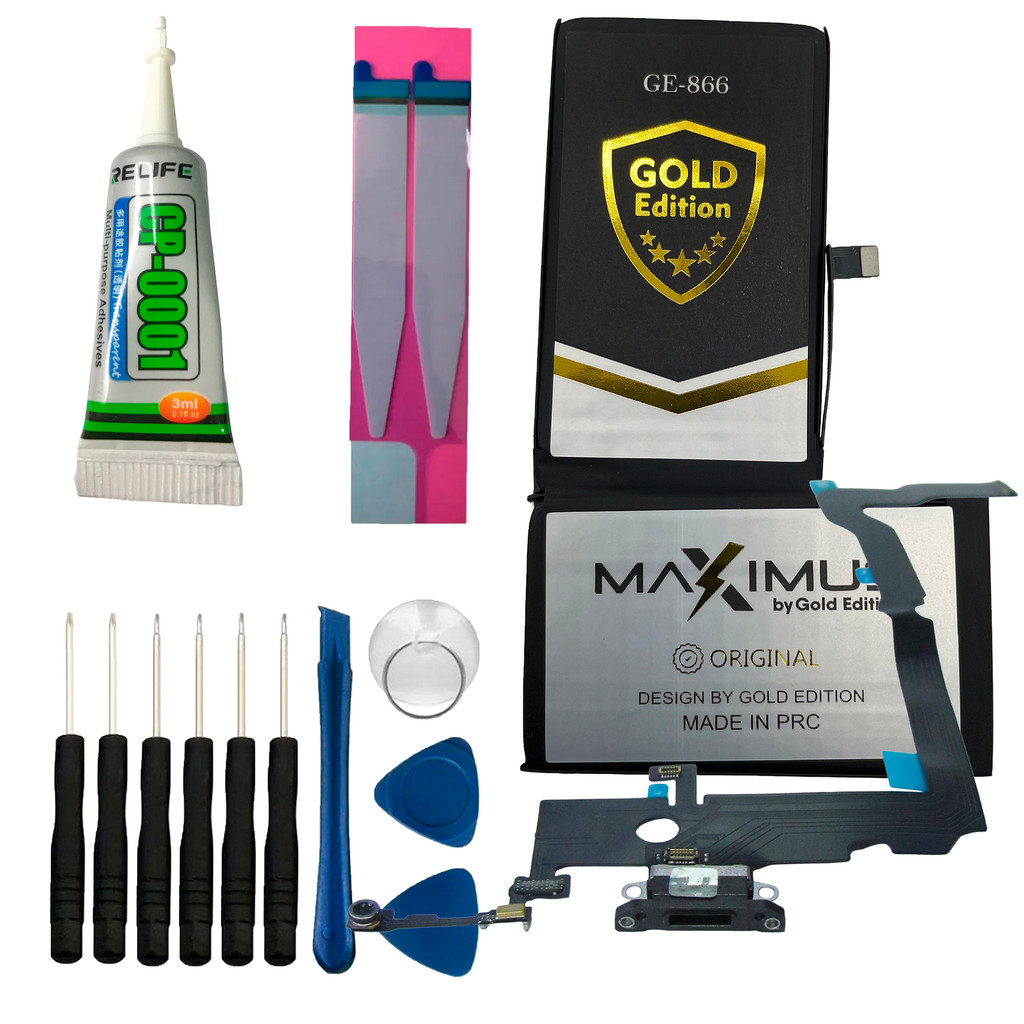 Placa Carga Dock para i-Phone XS Max + Bateria Gold Edition GE-866 + Kit Reparo