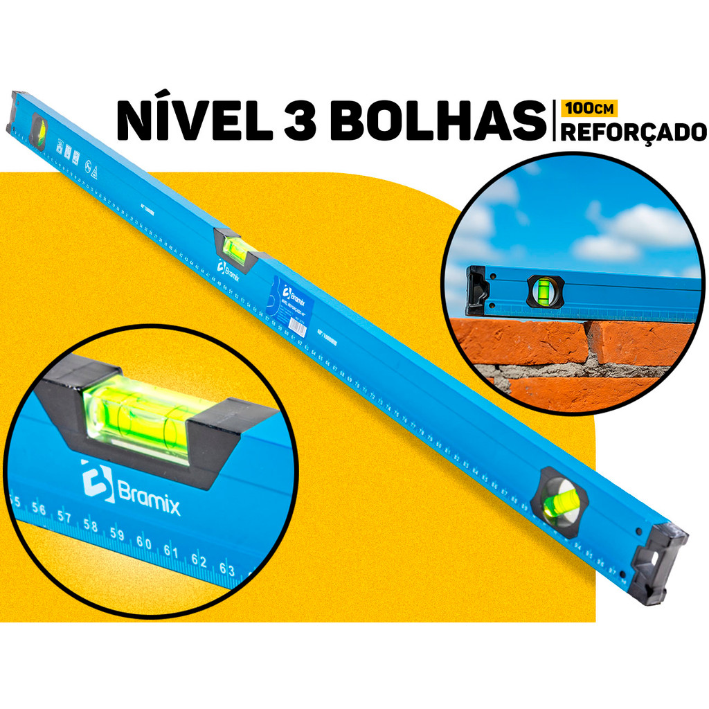 Nível De Alumínio 100cm 3 Bolhas Profissional Bramix Régua De Prumo Medição Nivelamento Construção em Oferta na Shopee