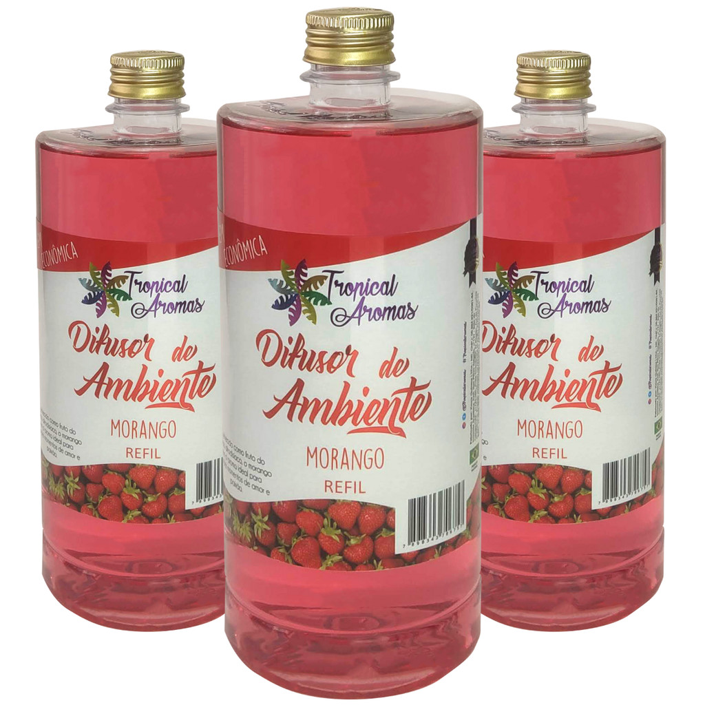 Kit Refil Difusor de Ambiente Morango 1L Tropical Aromas Pack 3 Unidades