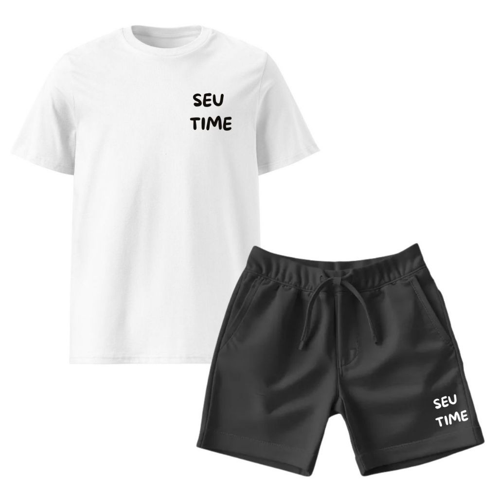 Kit Infantil 2 Peças Com 1 Camiseta e 1 Short Time de Futebol Conjunto Seu Time Bermuda Preta Camisa Branca
